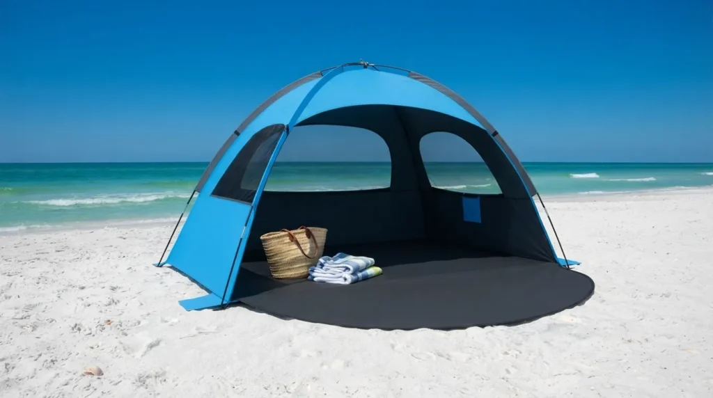 A larger sized NXone beach tent with a spacious dark-shelter interior