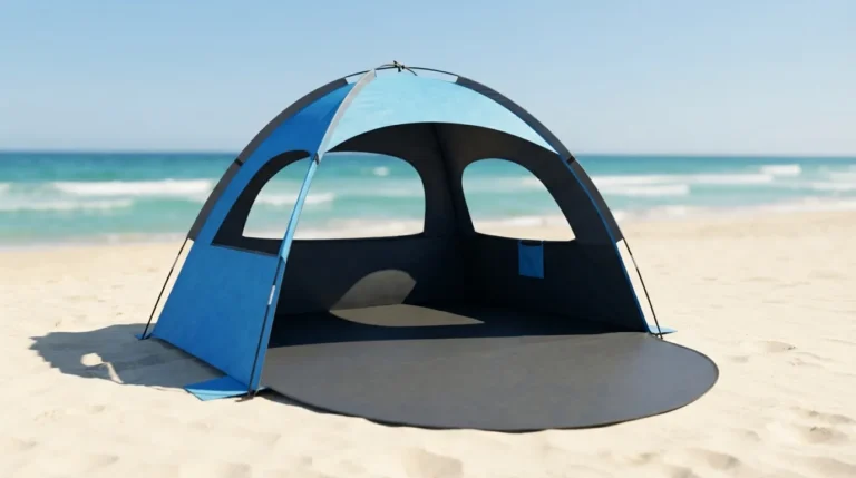 NXone beach tent set up on white sand with its dark shelter interior and open front