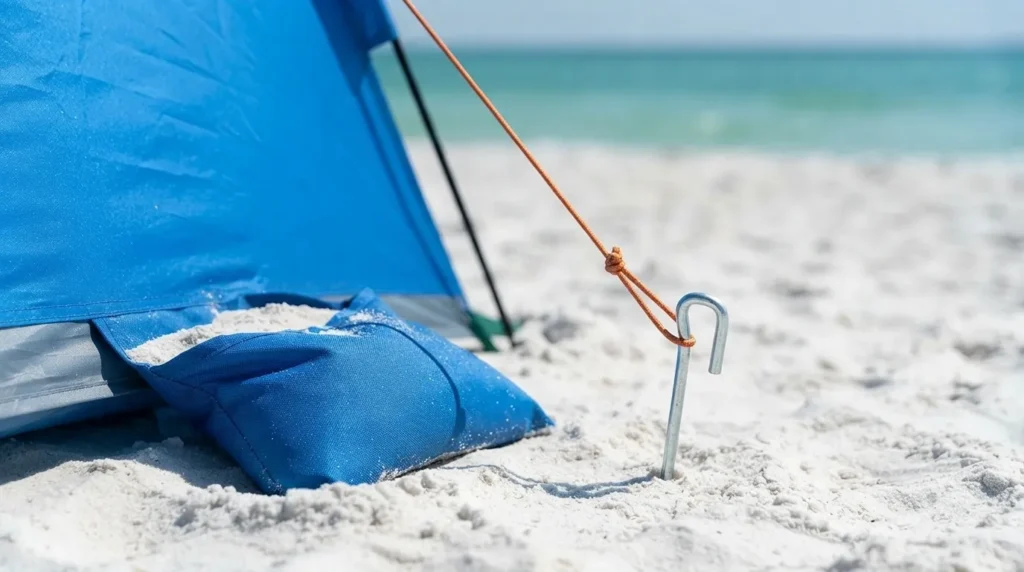 Sandbag pocket and steel stake anchoring NXone beach tent against wind