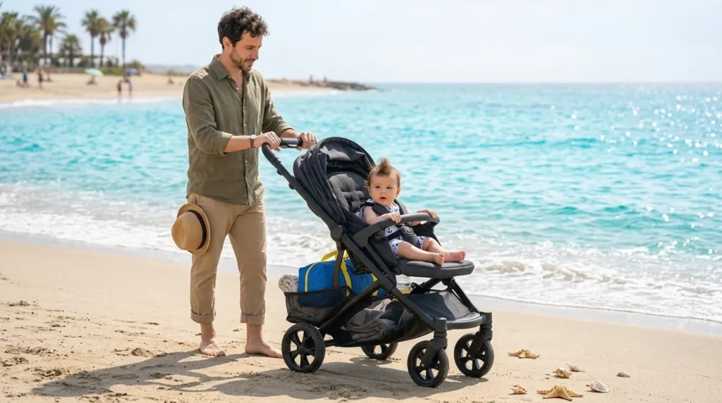 An NXONE pop up beach tent for baby bag being packed into a stroller.