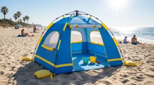 A blue and yellow NXONE pop up beach tent for baby set up on a sunny coastline.