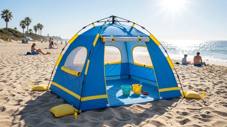 A blue and yellow NXONE pop up beach tent for baby set up on a sunny coastline.