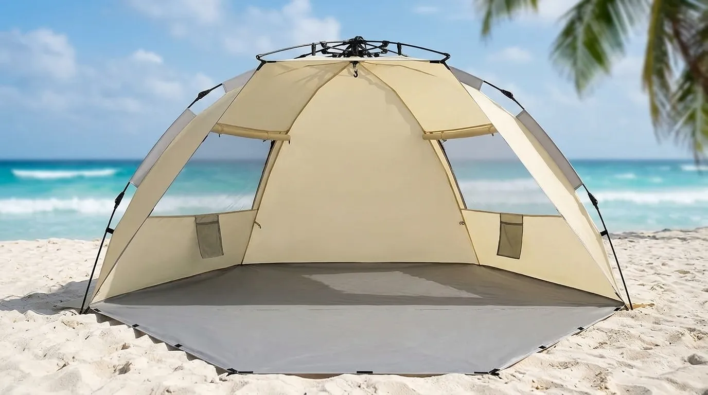 Oileus X Large beach tent set up on white sand with its front fully open