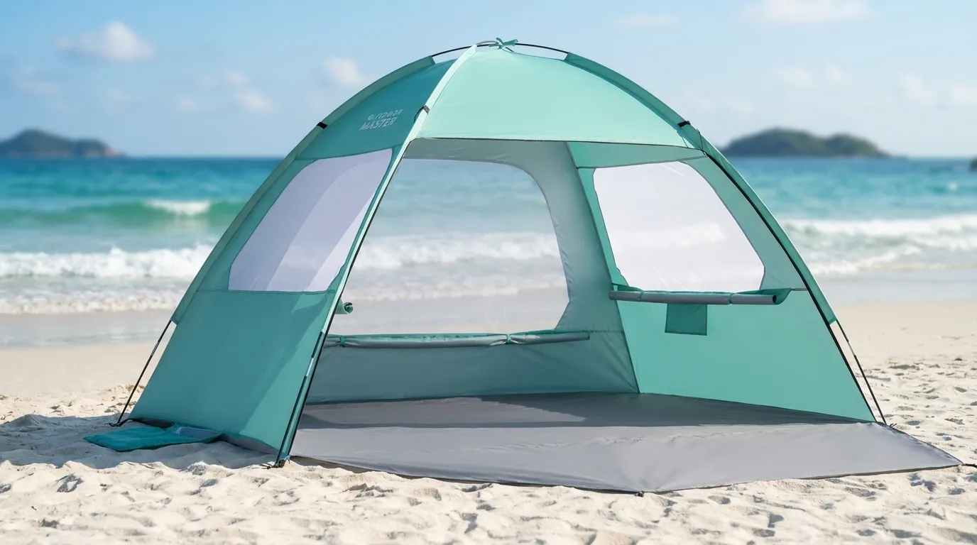 OutdoorMaster beach tent set up on white sand with its front fully open