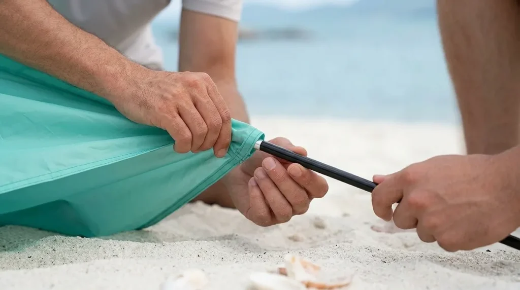 Two people threading a fiberglass pole through the sleeve while setting up the OutdoorMaster beach tent