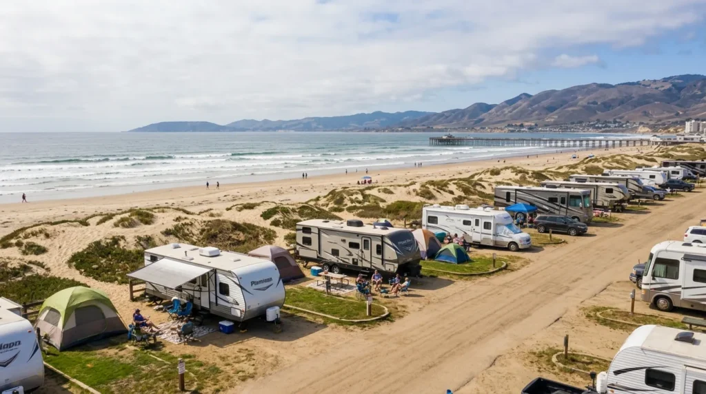 Pismo beach tent camping: Standard tent campsite with picnic table and fire ring near sand dunes