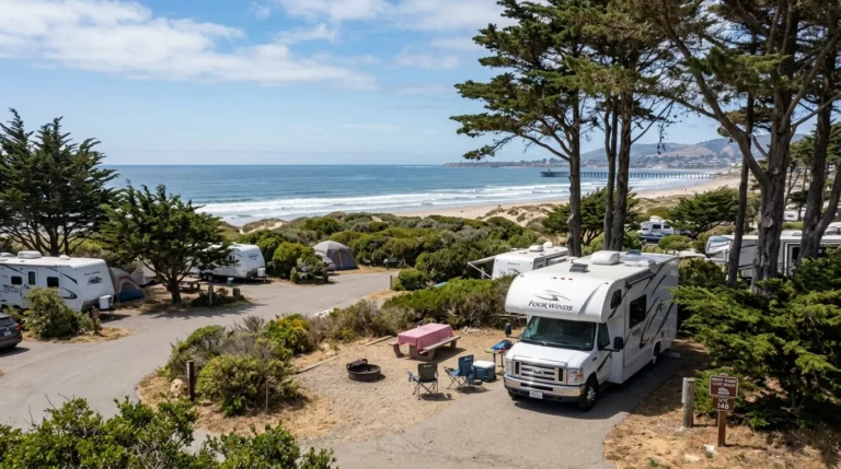 Tent camping set up near the dunes at Pismo Beach California