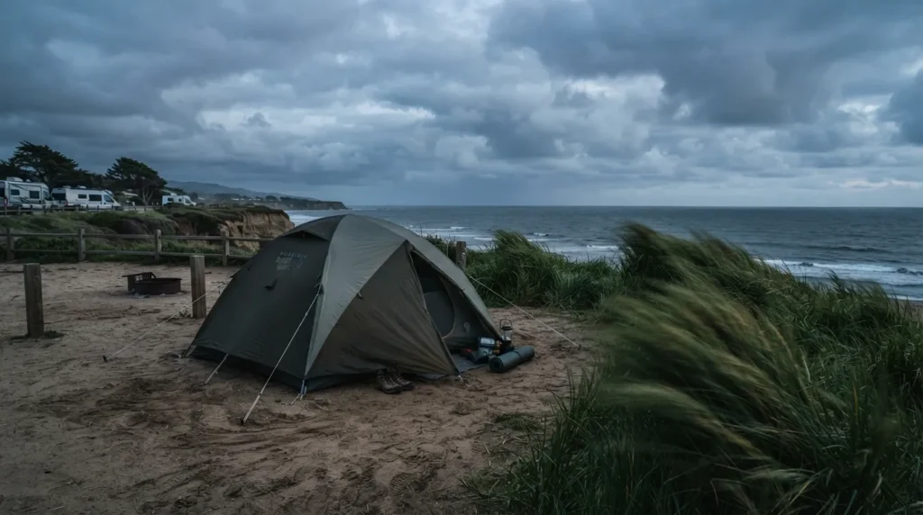 A camping tent staked down securely against coastal wind at dusk