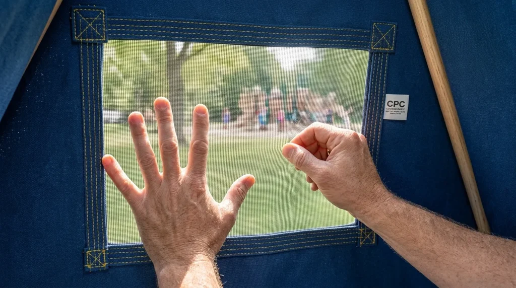 What to look for kids play tent safety: A safety test of the mesh window density on a kids play tent.