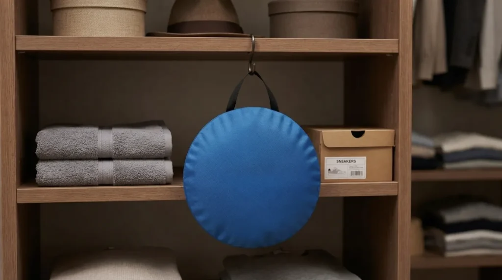 Storing a folded pop up beach tent in its carry bag on a closet shelf