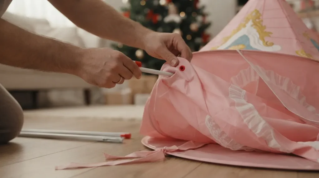 Hands threading a fiberglass pole through the top pocket of a princess castle play tent