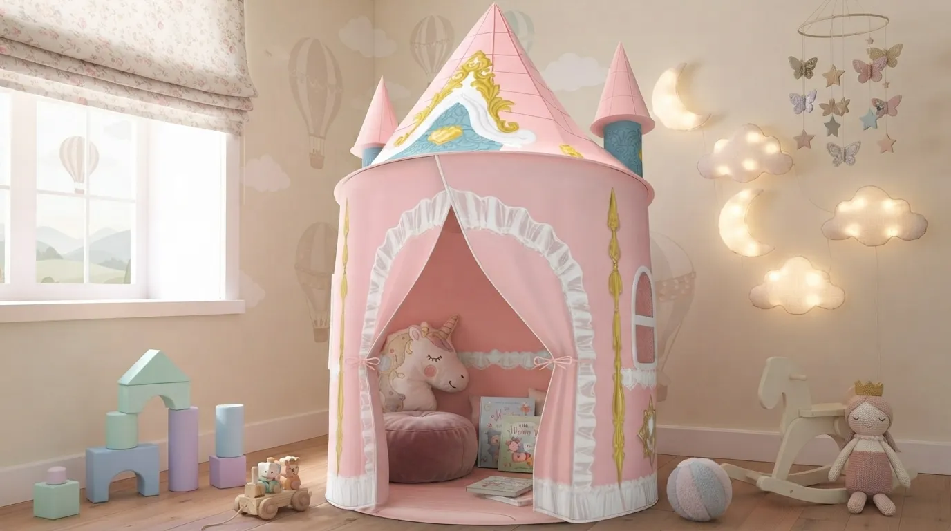 Skirfy princess castle tent set up indoors with twin turret peaks and lace trim door