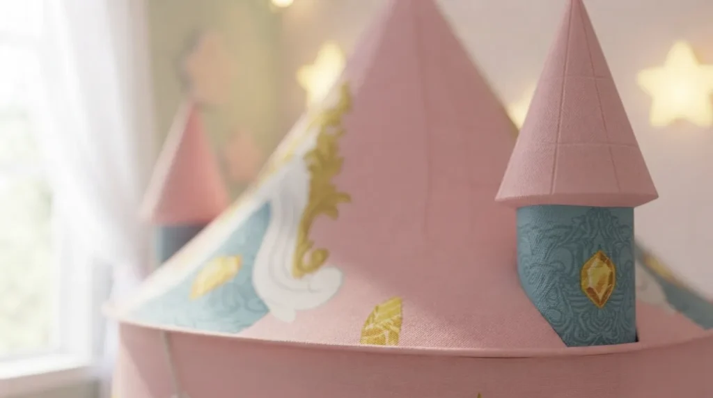 Close up of the twin corner turret peaks on a pink princess castle tent