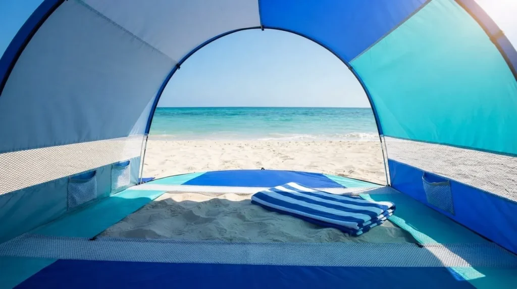 Interior view of Rhino Valley beach tent showing airflow through its open rear door