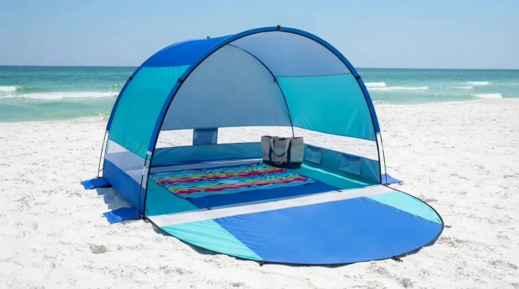 A larger sized Rhino Valley beach tent with a spacious shaded interior