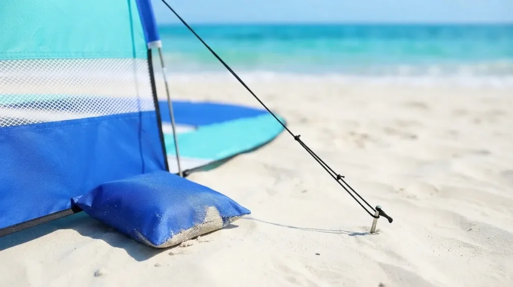 Sandbag pocket and windproof rope anchoring the Rhino Valley beach tent against wind
