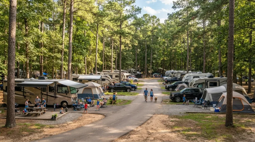 A busy Florida campground with multiple tents and RVs set up