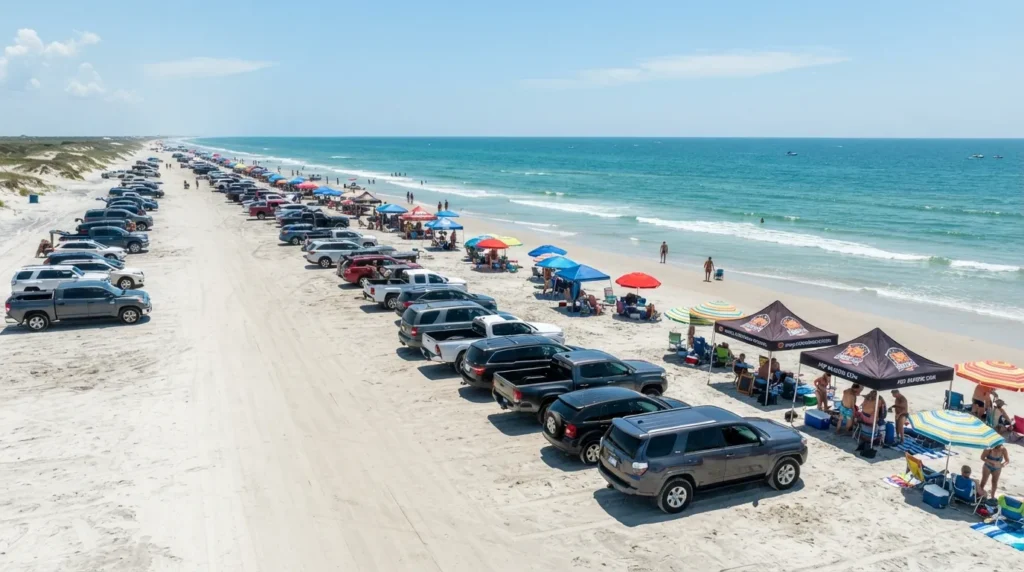 Tent camping Daytona Beach: Cars parked on the hard packed sand at Daytona Beach during the day