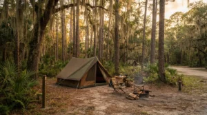 Tent set up at a Florida state park campground near Daytona Beach