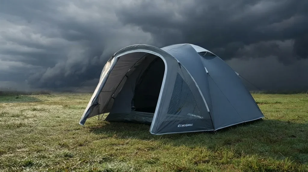A camping tent with rainfly set up ahead of a Florida storm