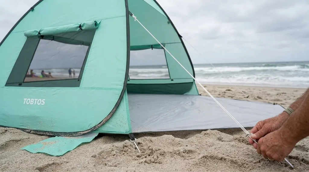 Staking down a TOBTOS pop up beach tent with wind ropes in breezy conditions