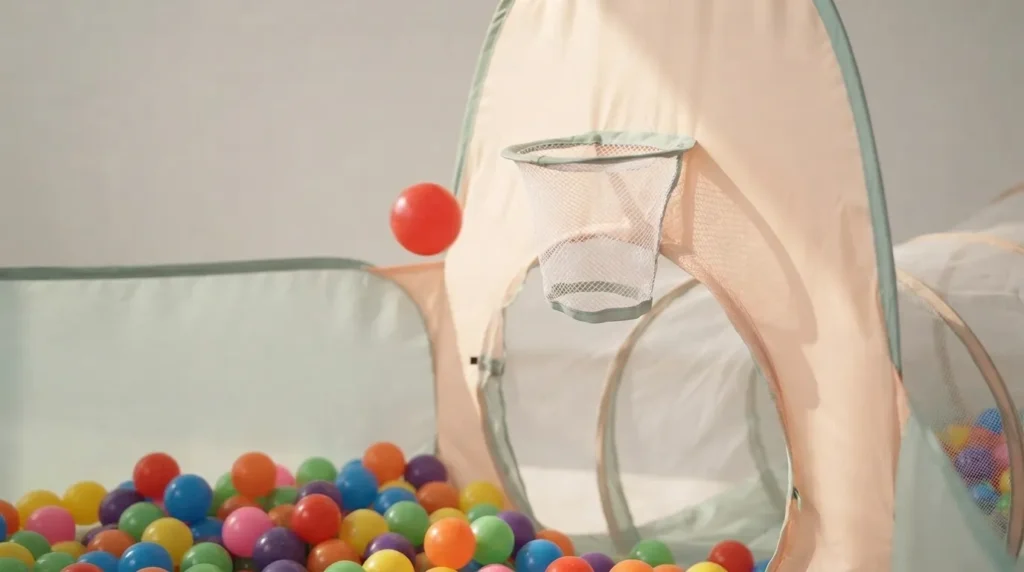 Close up of a mesh basketball hoop net inside a ball pit pen