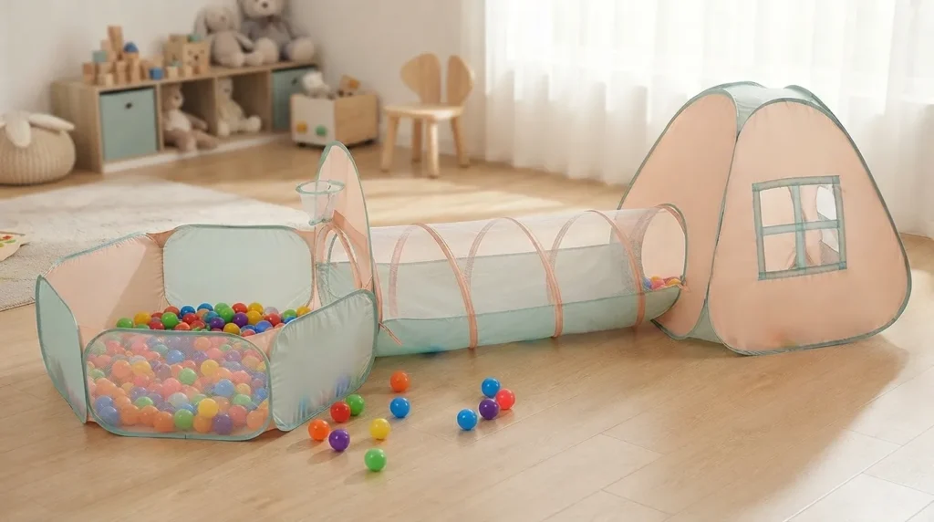 Full connected view of a tunnel tent play set with tent tunnel and ball pit pen