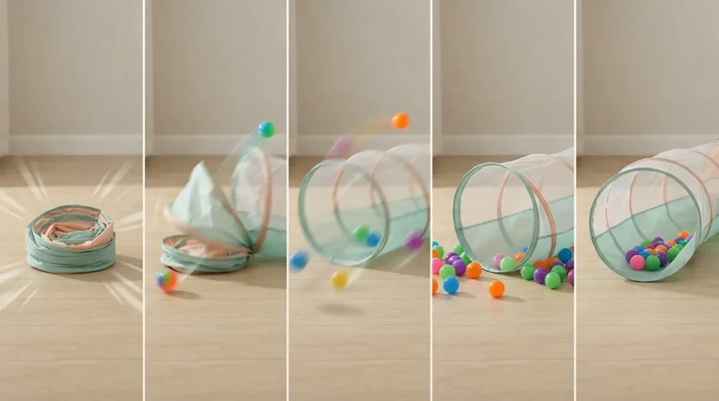 A mesh tunnel piece mid pop up motion during tunnel tent play set assembly