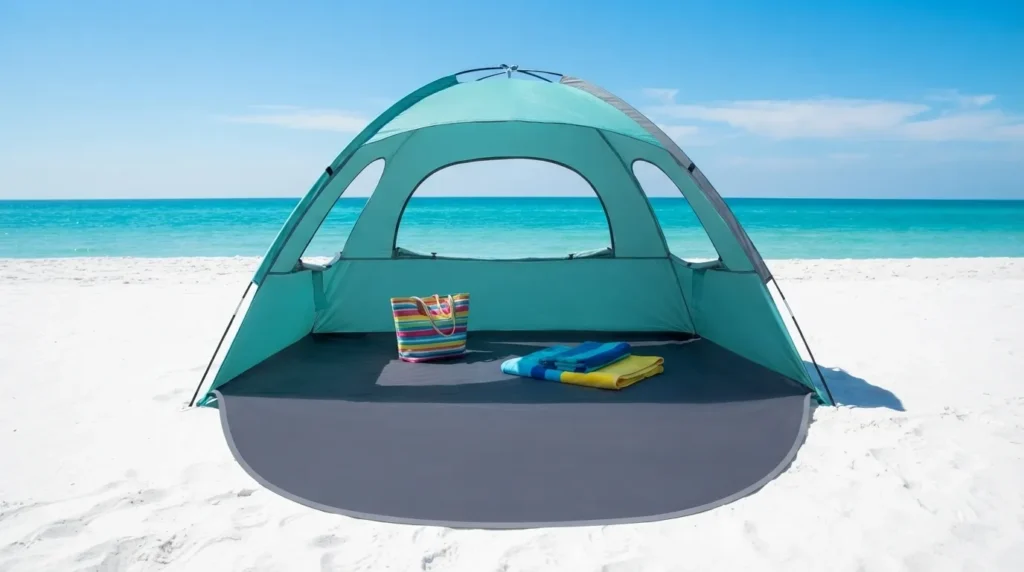A larger sized WhiteFang beach tent with a spacious shaded dome interior