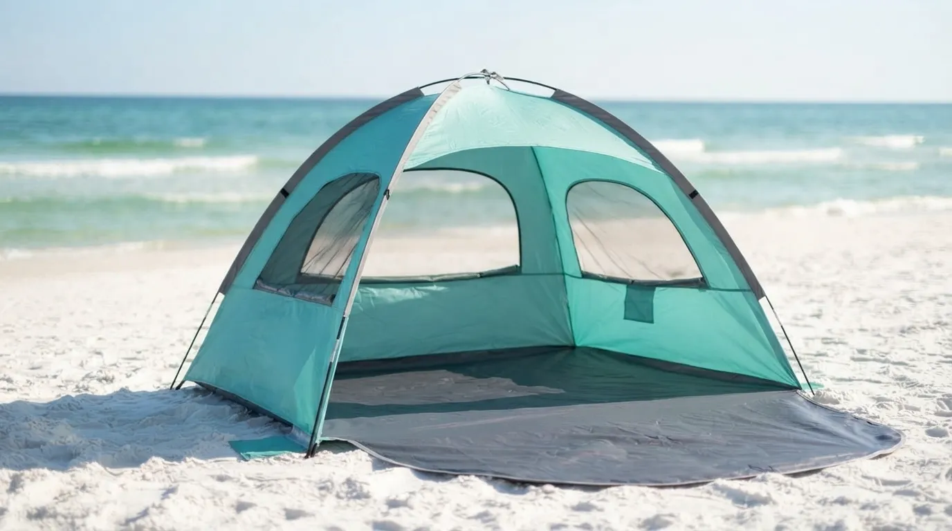 WhiteFang beach tent set up on white sand with its dome front fully open
