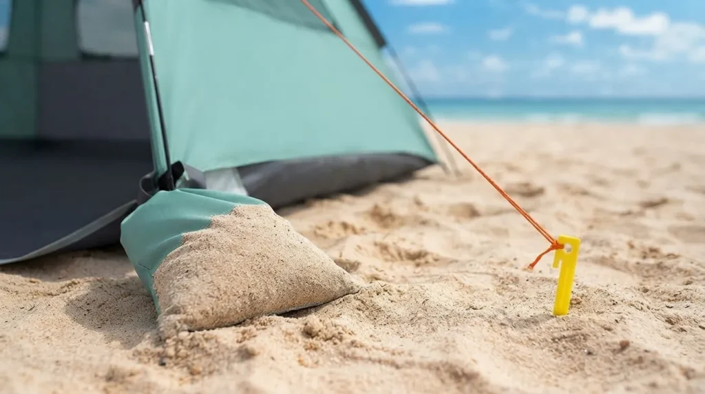 Sandbag pocket and guy line anchoring a beach tent against wind