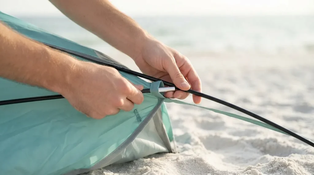 Inserting a fiberglass rod into the sleeve while setting up a beach tent