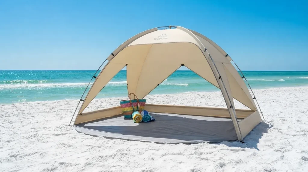 A larger sized WolfWise beach tent with a spacious shaded interior