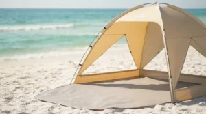 WolfWise beach tent set up on white sand with its front fully open
