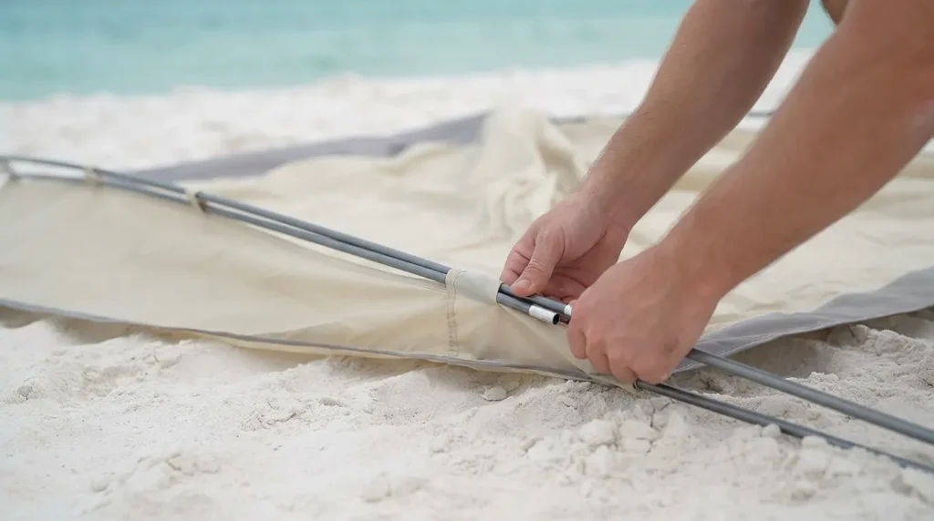 A person feeding a fiberglass pole through the sleeve while setting up the Wolfwise beach tent