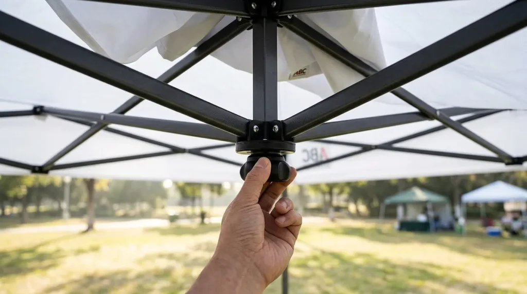 Pushing up the center lock button on an ABCCANOPY pop up canopy tent