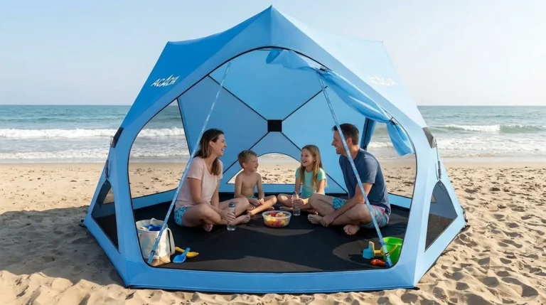 Family sitting in a circle inside an Acacia pop up tent on the beach