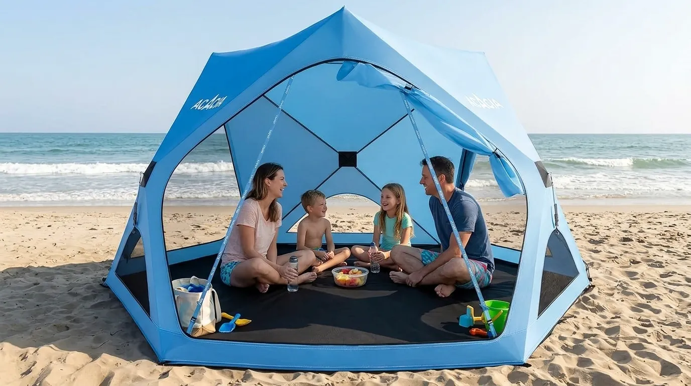 Family sitting in a circle inside an Acacia pop up tent on the beach