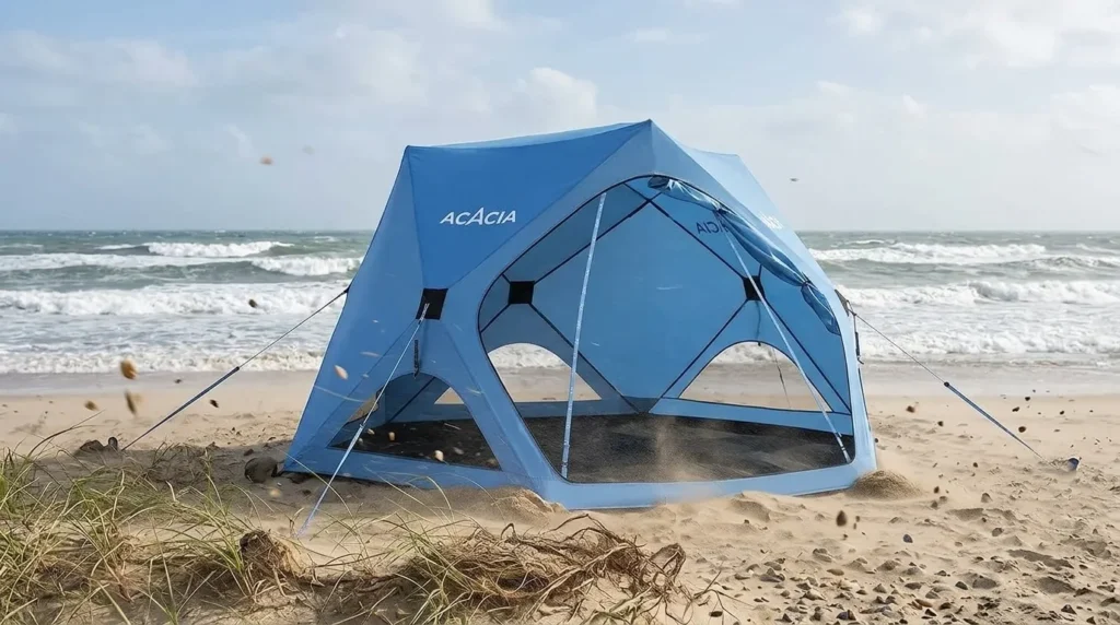 Acacia pop up tent staked down on a windy beach