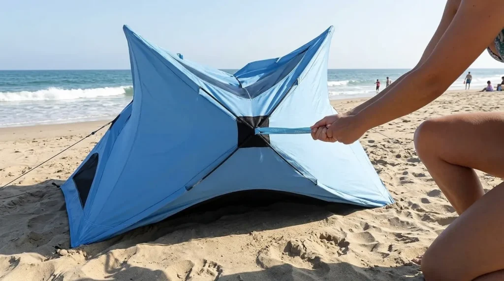 Pulling the webbing loop handle to open an Acacia pop up tent on the sand