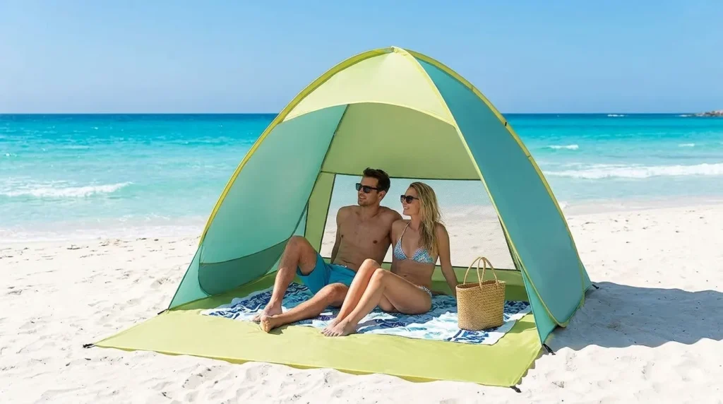 Two adults sitting inside an automatic pop up beach tent on the sand