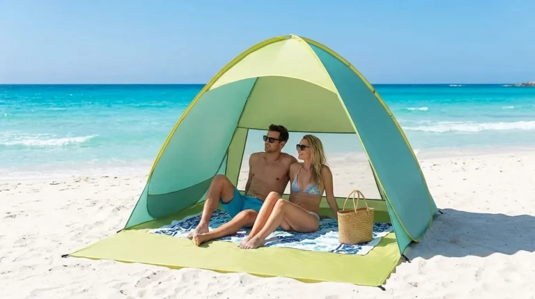 Two adults sitting inside an automatic pop up beach tent on the sand