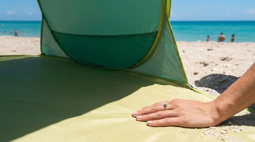 Silver-coated UPF 50 fabric inside an automatic pop up beach tent