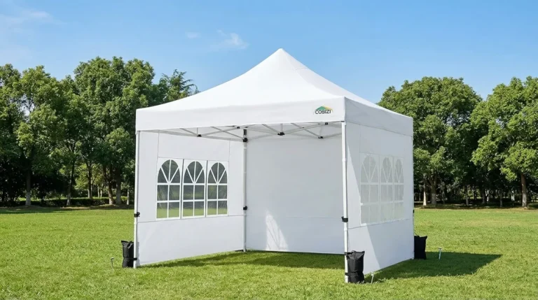 COBIZI canopy with four sidewalls and a thick steel frame on a lawn
