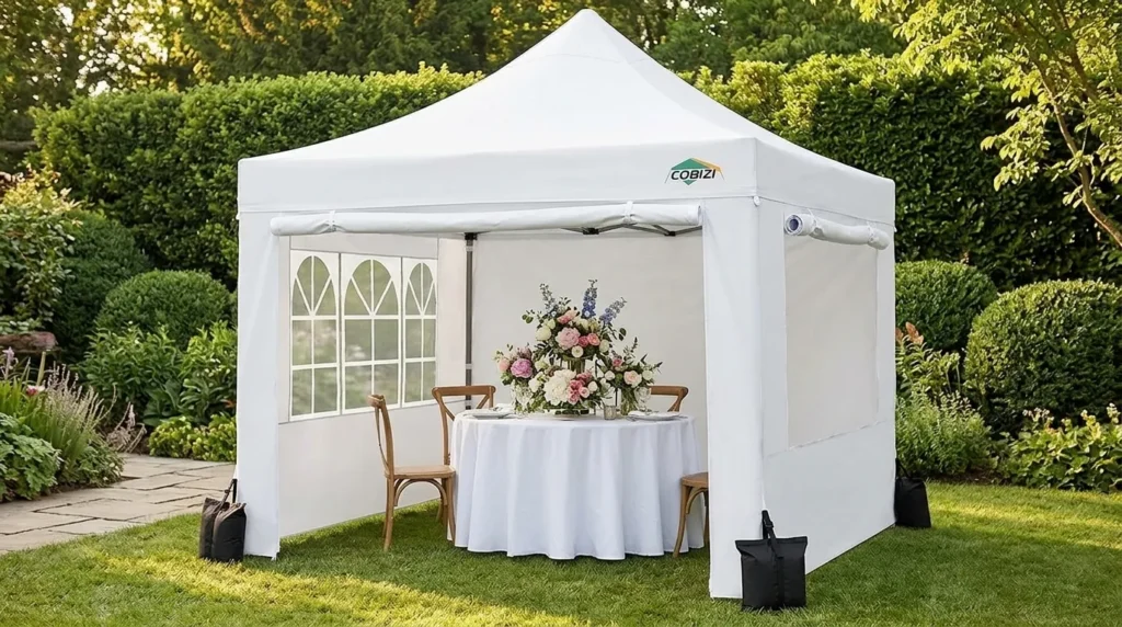 COBIZI canopy with four sidewalls enclosing a small party table setup
