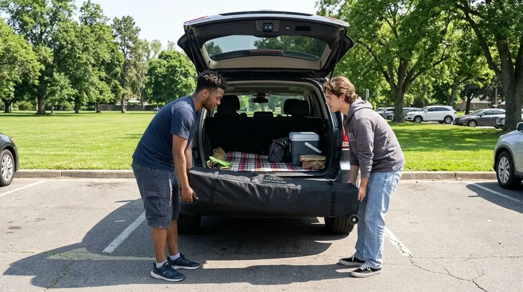 Two people carrying the heavy COBIZI canopy roller bag out of an SUV
