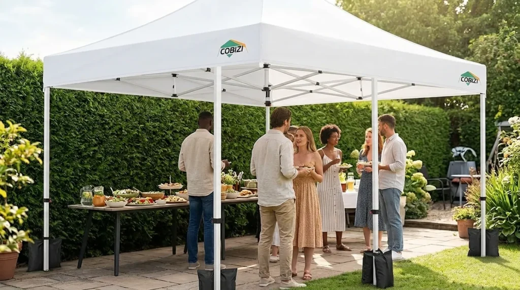 Cobizi pop up canopy tent with sidewalls hosting a garden party