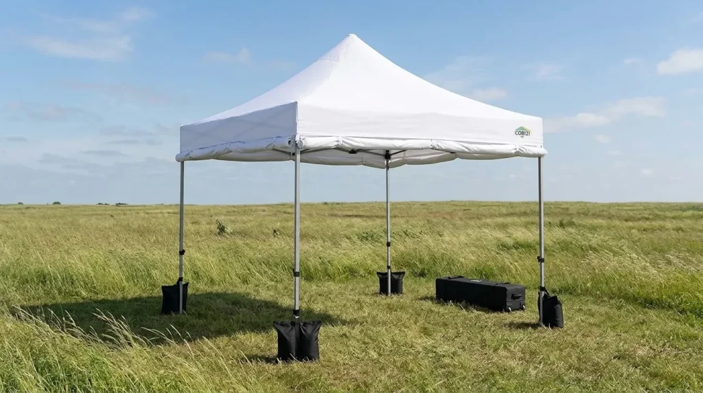 Cobizi pop up canopy tent with thick steel poles standing in a windy field
