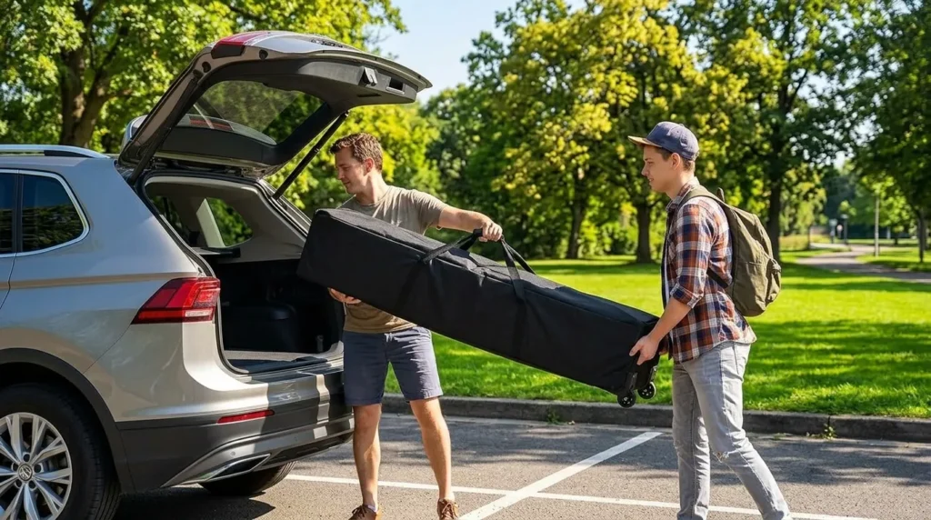 Two people lifting a heavy Cobizi pop up canopy tent roller bag out of a car trunk
