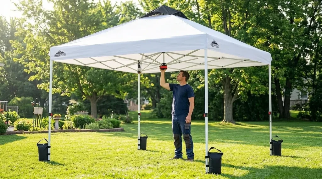 Setting up an Eagle Peak canopy 10x10 with one hand on the PeakPush center lock